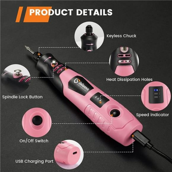 4V Cordless Rotary Tool, 3-Speeds 18000 RPM Rotary Tool w/ 43 Accessories, Pink - Picture 2 of 7